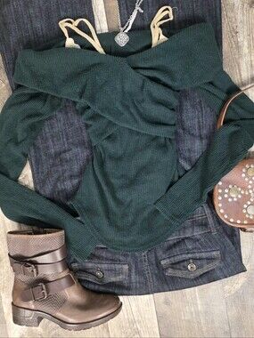 Free People Forest Green Twist Front Off Shoulder Top Size Small Fitted Fall